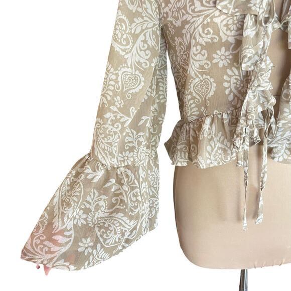 Love Is For Eternity Tan White Paisley Ruffled Tie Front Top MEDIUM Fairy Boho - Picture 4 of 8
